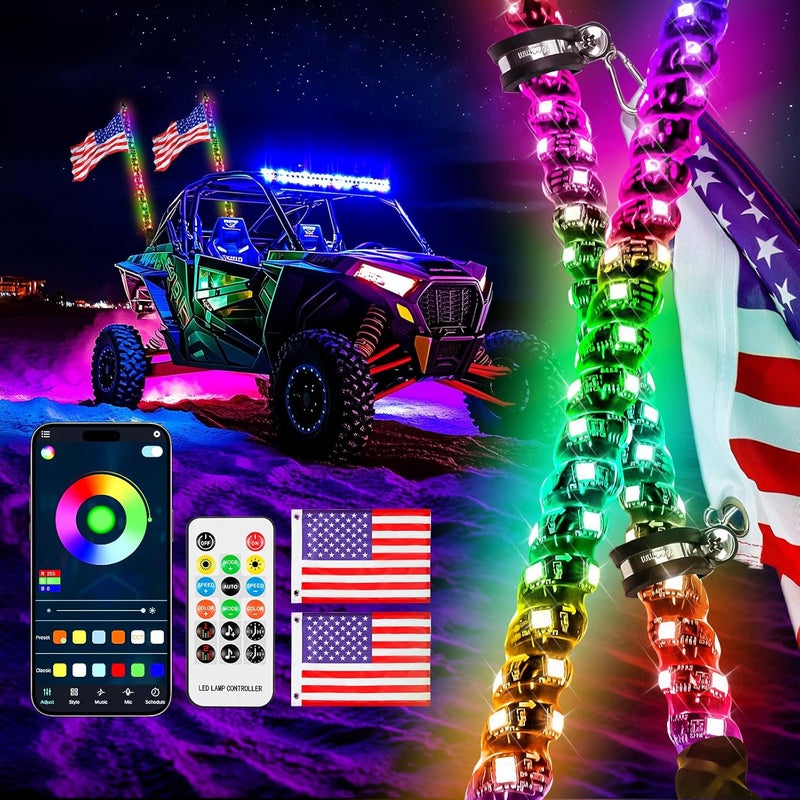 DREAMIZER LED Whip Lights for Side by Side - ATV Whip Flag - Spiral Rock Light with Flags for RZR Can-Am X3 Ranger Wrangler JK- 2pcs 3ft - Image 1